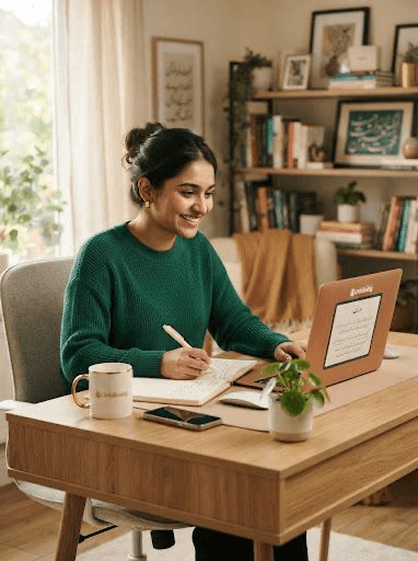 The Hussain family's mother writing in her UrduBuddy journal at her desk