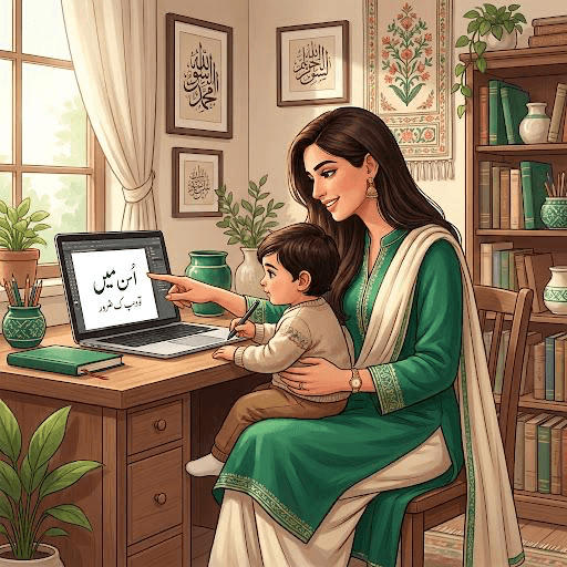 A mother and child sharing an Urdu lesson together online