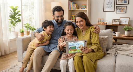 A family learning Urdu together on a tablet at home